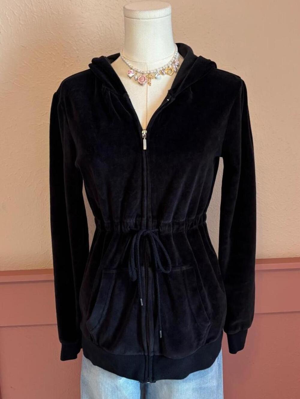vintage velour black cinched waist zip up jacket  honey bee sz medium